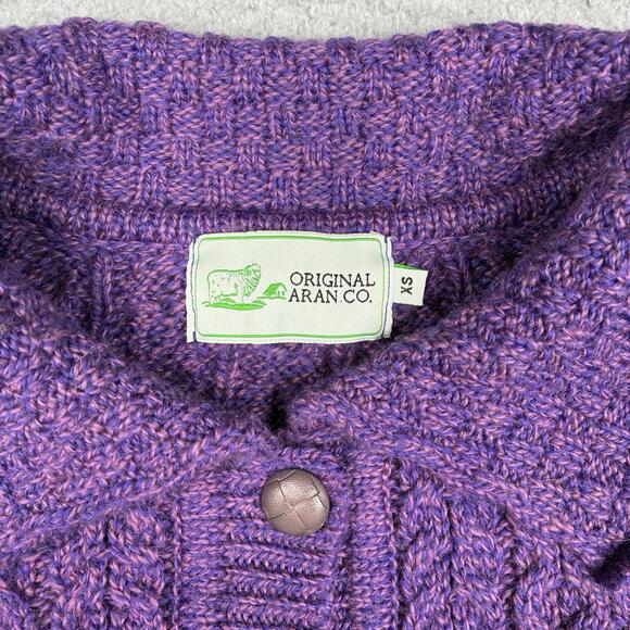 Original Aran Co Fisherman Knit Cardigan Sweater Collared Women’s XS Purple Wool - Picture 2 of 6